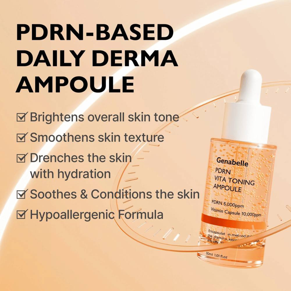 Produktbilde av Genabelle PDRN Vita Toning Ampoule med tekst om fuktighet, jevnere hudtone og beroligende egenskaper for sensitiv hud med hypoallergen formel.