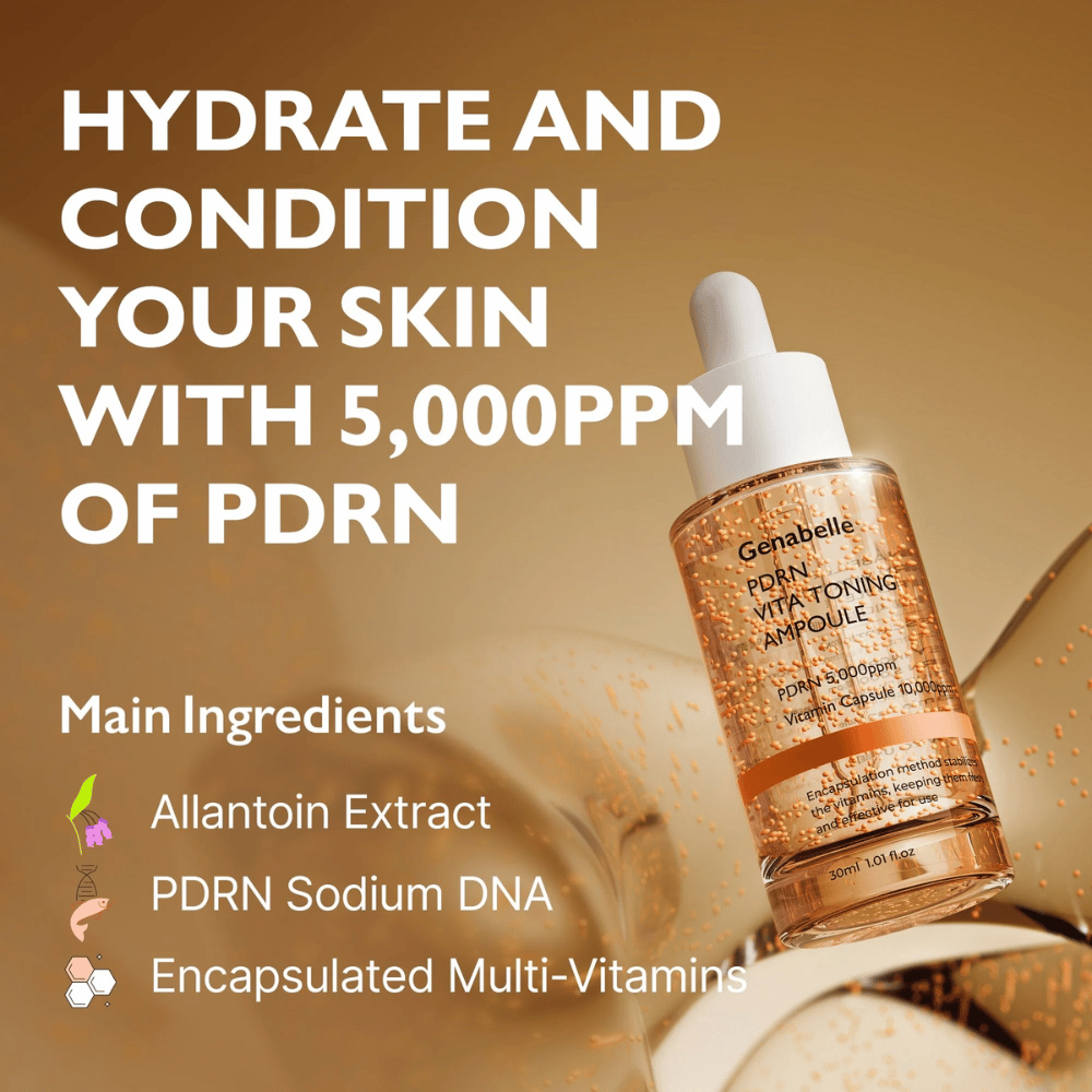 Kampanjebilde for Genabelle PDRN Vita Toning Ampoule med fokus på fuktighet og PDRN 5000 ppm samt ingredienser som vitaminkapsler og Sodium DNA for glow og hudpleie.