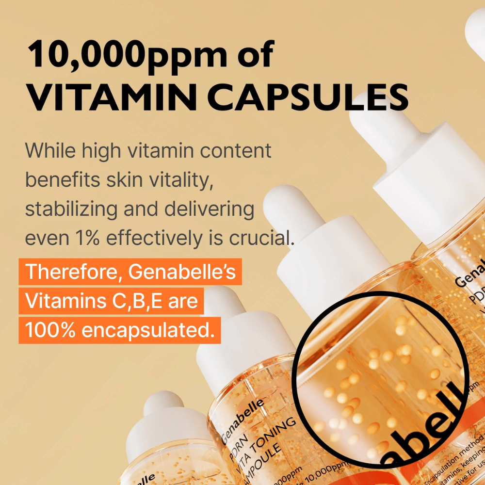 Genabelle PDRN Vita Toning Ampoule med innkapslede vitaminer i serumet som fremhever en glødgivende formel med vitamin C, B og E for glow og hudvitalitet.