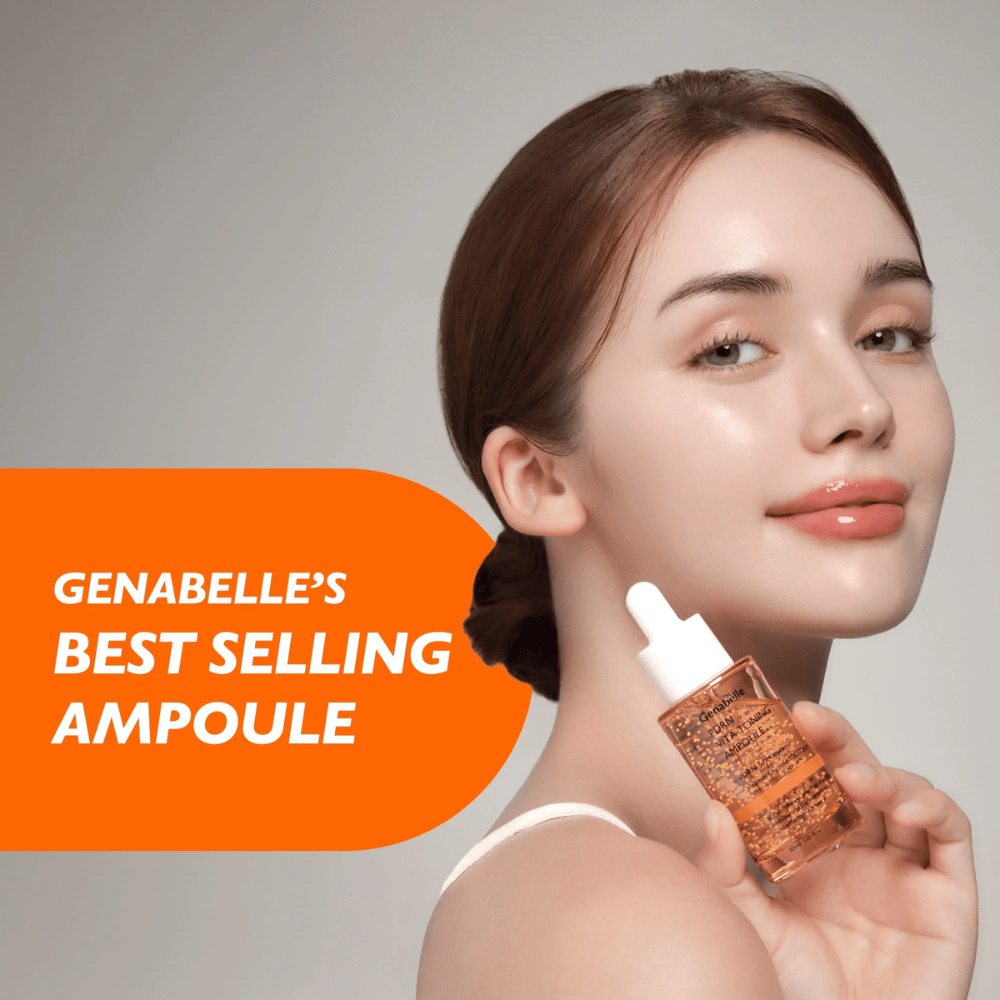 Modell holder Genabelle PDRN Vita Toning Ampoule ved siden av ansiktet med fokus på glow, glød og fuktet hud fra koreansk serum med vitaminkapsler og PDRN.