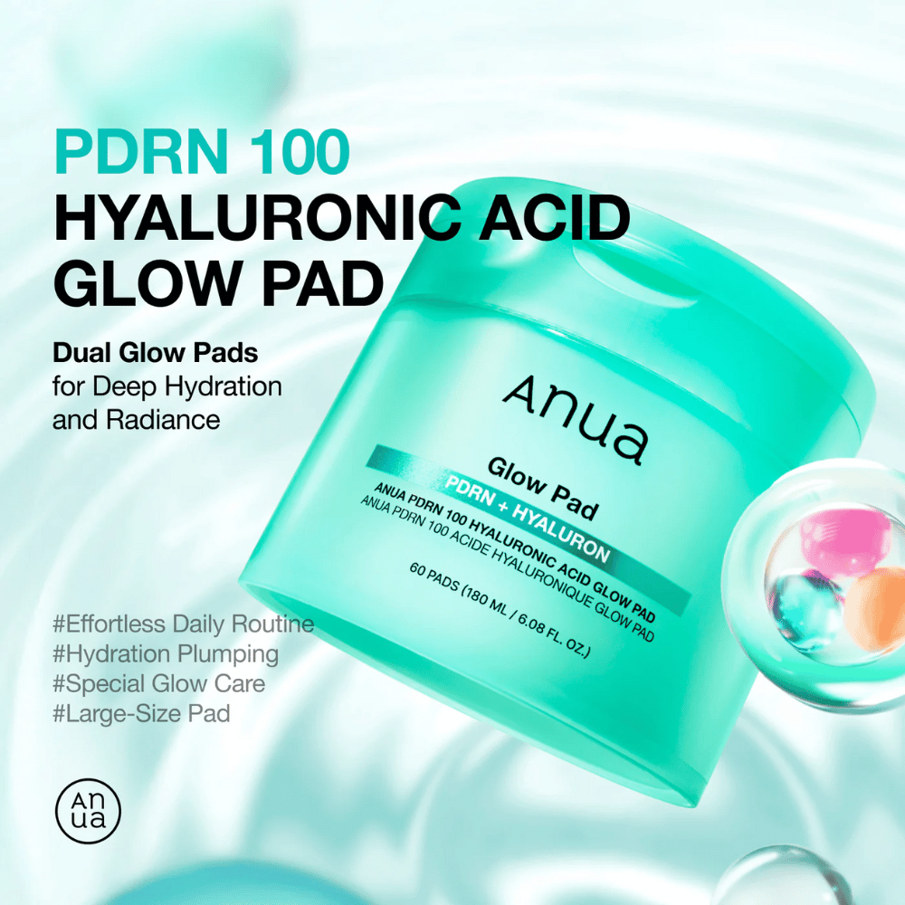 Anua PDRN 100 Hyaluronic Acid Glow Pad i turkis boks med tekst som fremhever fuktighet, glød og stor pad-størrelse – designet for daglig fuktighet og glans.