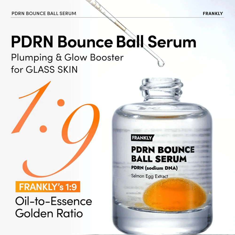 FRANKLY PDRN Bounce Ball Serum – fuktighetsgivende og oppstrammende serum med unik 1:9 olje-til-essens forhold for glass skin-effekt.