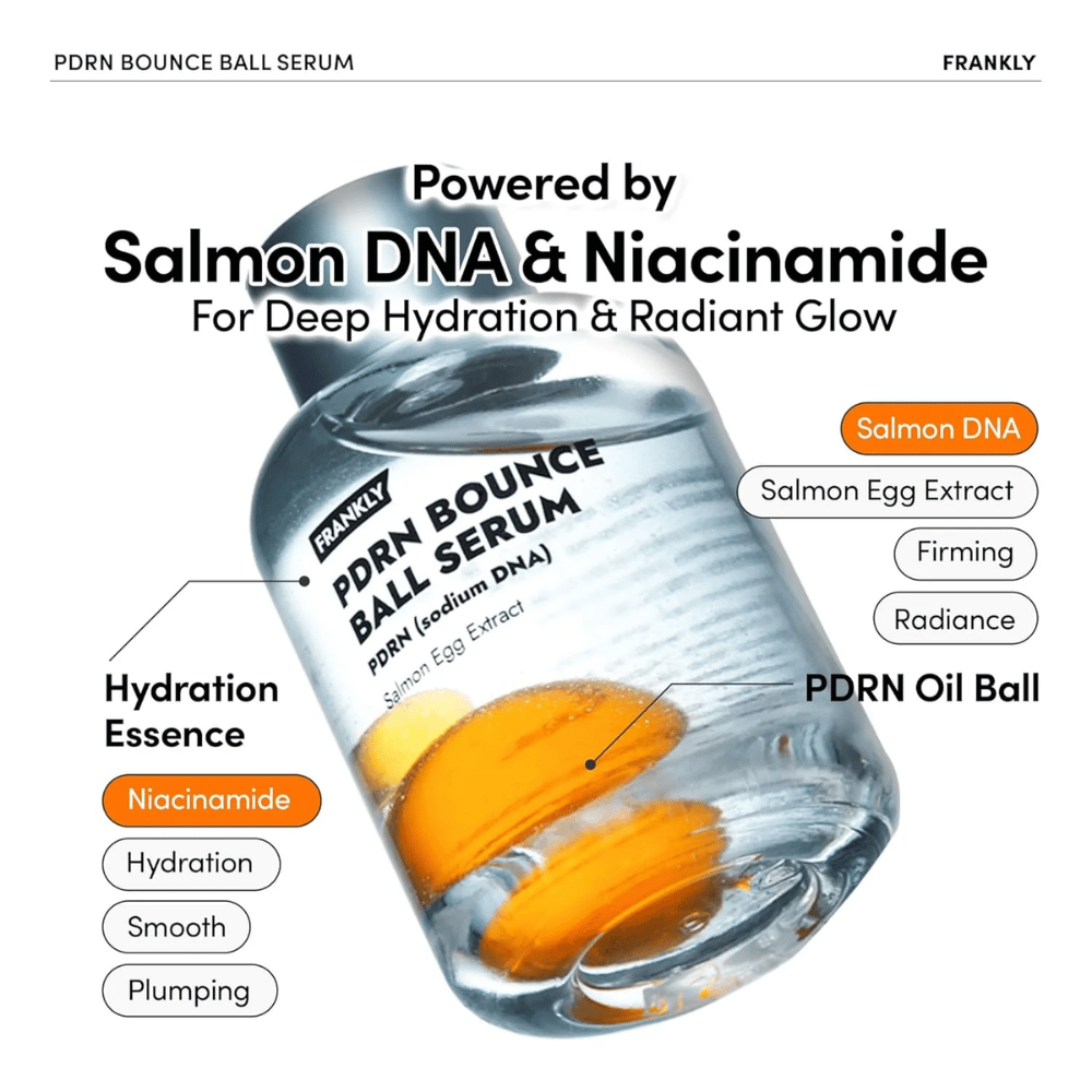 FRANKLY PDRN Bounce Ball Serum med laks-DNA og niacinamid – dypere fuktighet, spenst og strålende glød.