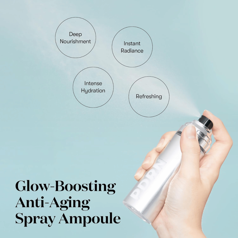 En hånd sprayer VT PDRN Glow Ampoule fra en sølvfarget sprayflaske. Omgivende tekst beskriver fordelene med produktet: "Deep Nourishment," "Instant Radiance," "Intense Hydration," og "Refreshing." Produktet markedsføres som en glow-boosting og anti-aging ampull.