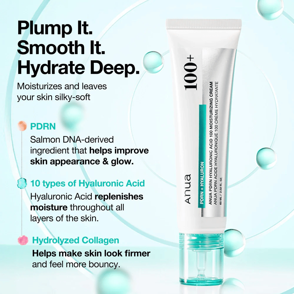 Anua PDRN Hyaluronic Acid 100 Moisturizing Cream med hyaluronsyre, PDRN og kollagen – fukter, jevner ut og styrker huden.