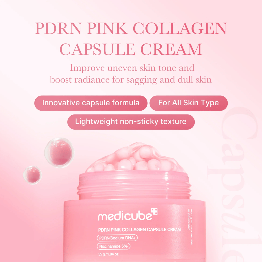Rosa krukke med Medicube PDRN Pink Collagen Capsule Cream, omgitt av kapselformede bobler og tekst som fremhever kremens egenskaper for ujevn hudtone, glød og alle hudtyper.