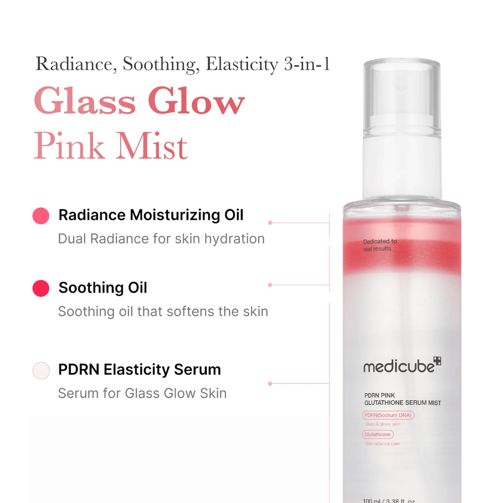 Produktbilde av Medicube PDRN Pink Glutathione Serum Mist med tre lag: fuktighetsgivende olje, beroligende olje og PDRN-serum for glød, elastisitet og myk hud.