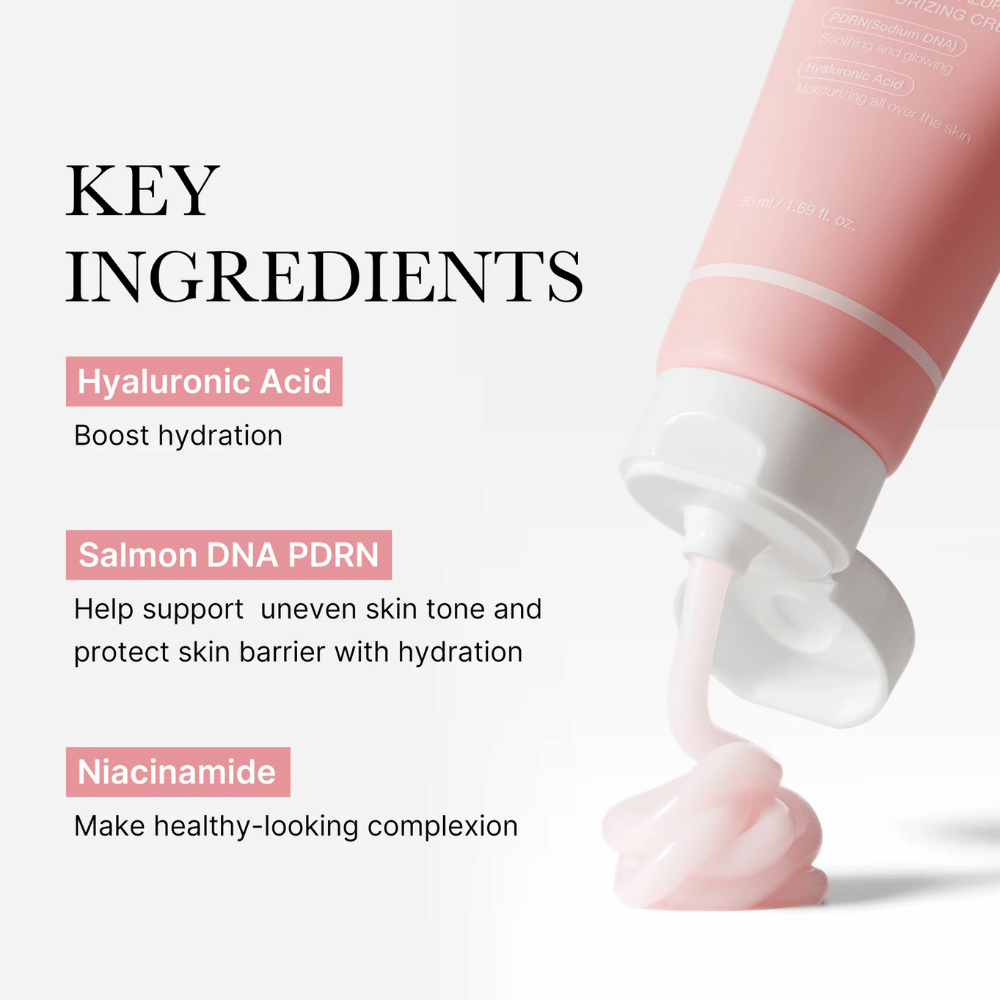 Medicube PDRN Pink Hyaluronic Moisturizing Cream med nøkkelingrediensene hyaluronsyre, lakse-DNA PDRN og niacinamid, vist med rosa krem fra tuben.