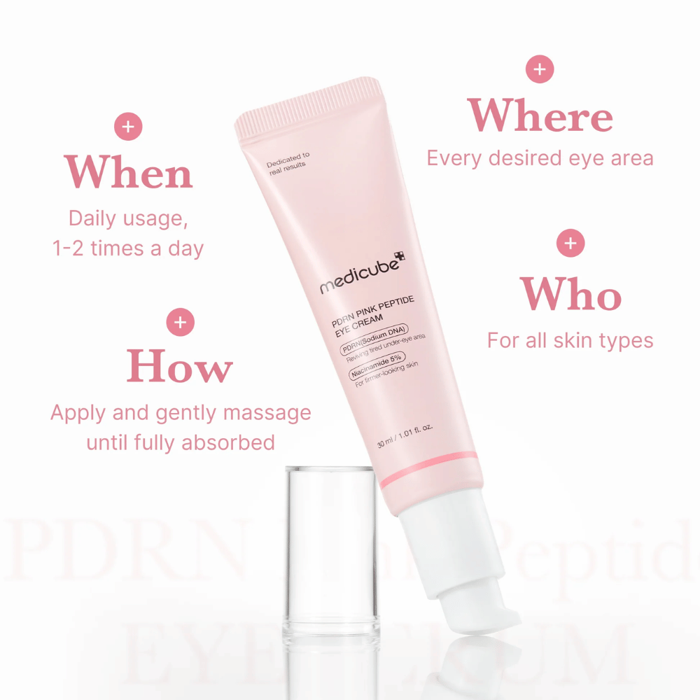 Medicube PDRN Pink Peptide Eye Cream, 30 ml tube. Øyekrem med PDRN og 5 % niacinamid. Brukes 1–2 ganger daglig rundt øynene. Passer alle hudtyper.