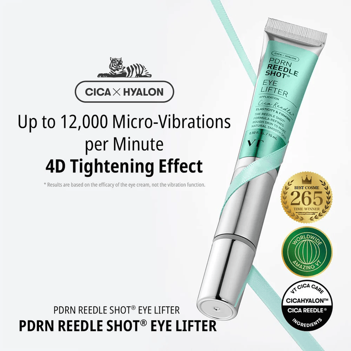 Øyekrem fra VT Cosmetics med PDRN og mikrovibrasjon som reduserer fine linjer, tilfører dyp fuktighet og gir fastere hud rundt øyeområdet