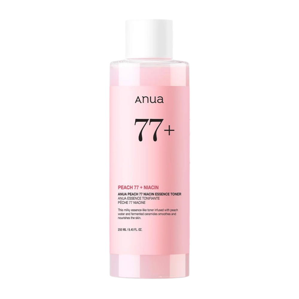 Anua Peach 77 Niacin Essence Toner i en gjennomsiktig rosa flaske med hvit kork, inneholdende 250 ml melketoner for jevnere hudtone og glød.