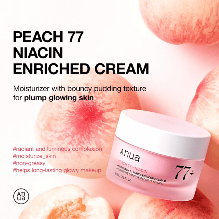 Anua Peach 77% Niacin Enriched Cream – puddinglignende fuktighetskrem som gir glød og fylde med 77 % ferskenekstrakt.
