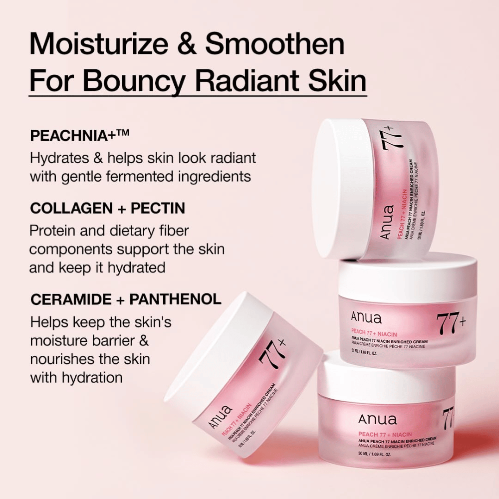 Anua Peach 77% Niacin Enriched Cream med PEACHNIA™, kollagen, pektin, ceramid og panthenol for fuktet, smidig hud.