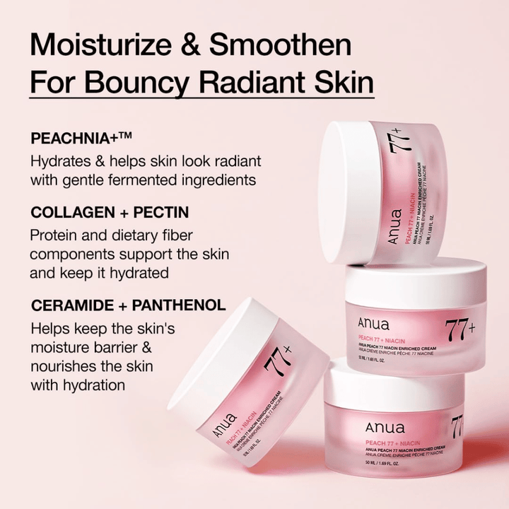 Anua Peach 77% Niacin Enriched Cream med PEACHNIA™, kollagen, pektin, ceramid og panthenol for fuktet, smidig hud.