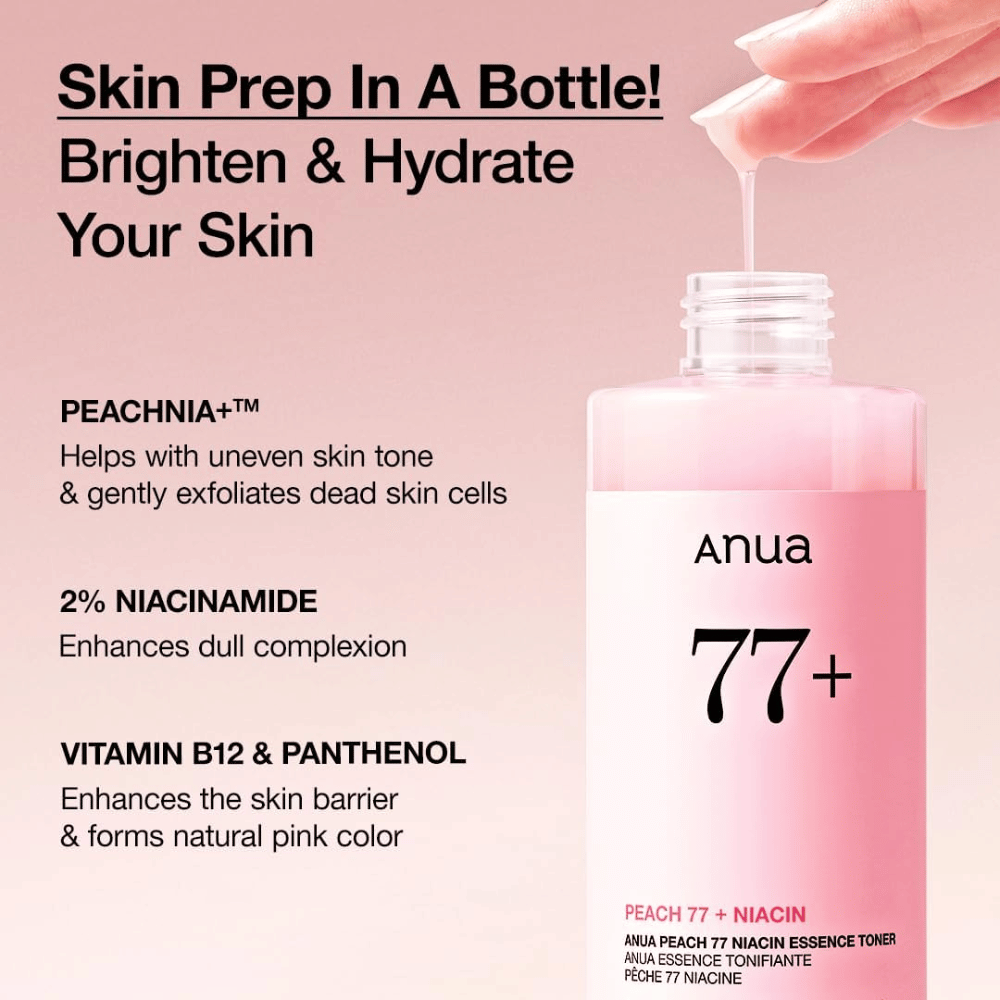 Anua Peach 77 Niacin Essence Toner i rosa flaske, med tekst som løfter PEACHNIA+, 2 % niacinamid samt vitamin B12 og panthenol for å lysne opp huden og styrke barrieren.