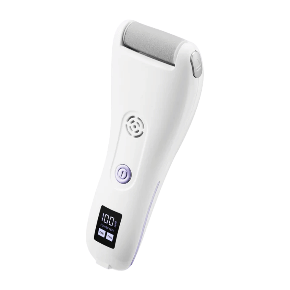 9. BAREN Pedi Mate Dual Power Vacuum Type Electric Callus Remover – hvit oppladbar elektrisk fotfil med digitalt display og lilla detaljer