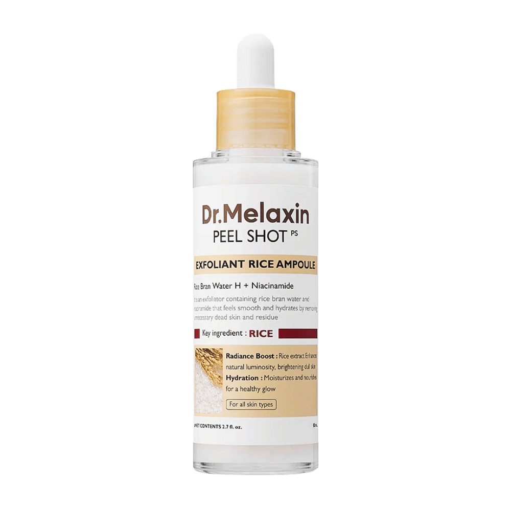 Dr.Melaxin Peel Shot Exfoliant Rice Ampoule i helbilde mot hvit bakgrunn, eksfolierende ansiktsserum med risekstrakt og niacinamid for jevnere hudtone og økt glød.