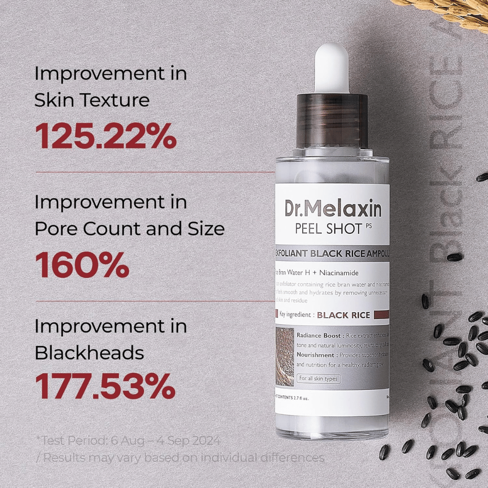 Dr.Melaxin Peel Shot Black Rice Ampoule forbedrer hudstrukturen, reduserer porer og minsker hudormer