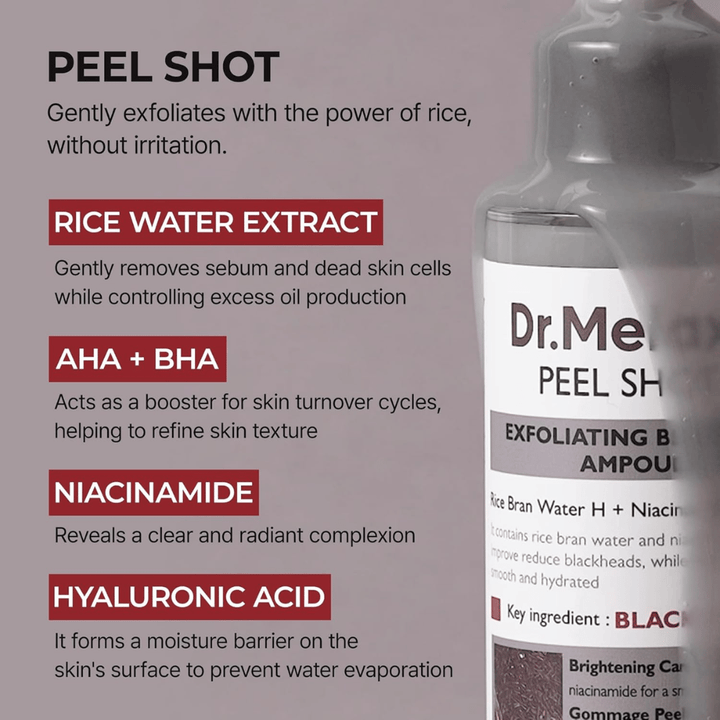 Dr.Melaxin Peel Shot Black Rice Ampoule med rice water extract, AHA BHA, niacinamid og hyaluronsyre for eksfoliering og porereduksjon