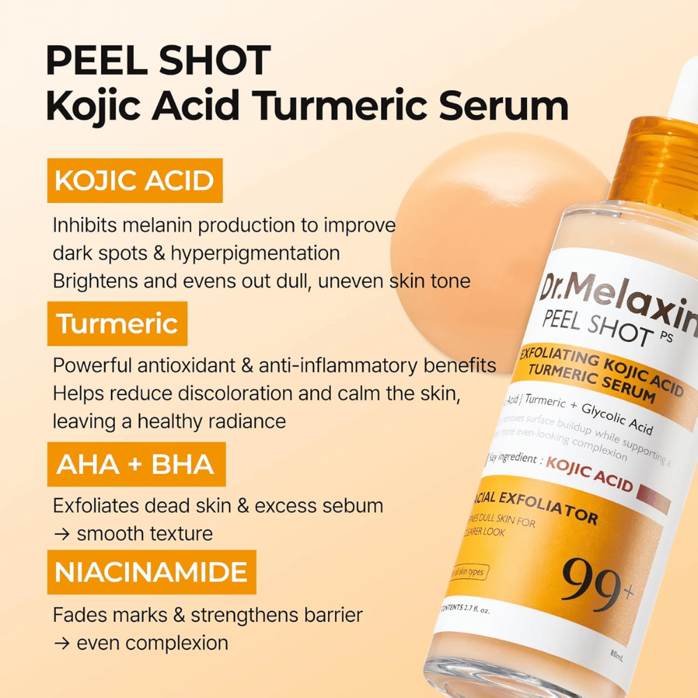 Eksfolierende serum med kojic acid og gurkemeie som masseres inn i huden for å redusere hyperpigmentering og gi glød