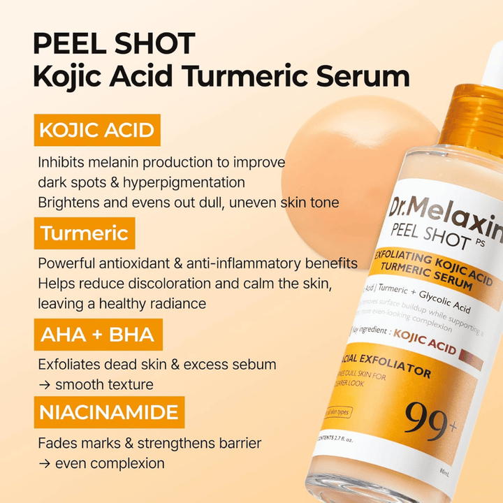 Eksfolierende serum med kojic acid og gurkemeie som masseres inn i huden for å redusere hyperpigmentering og gi glød