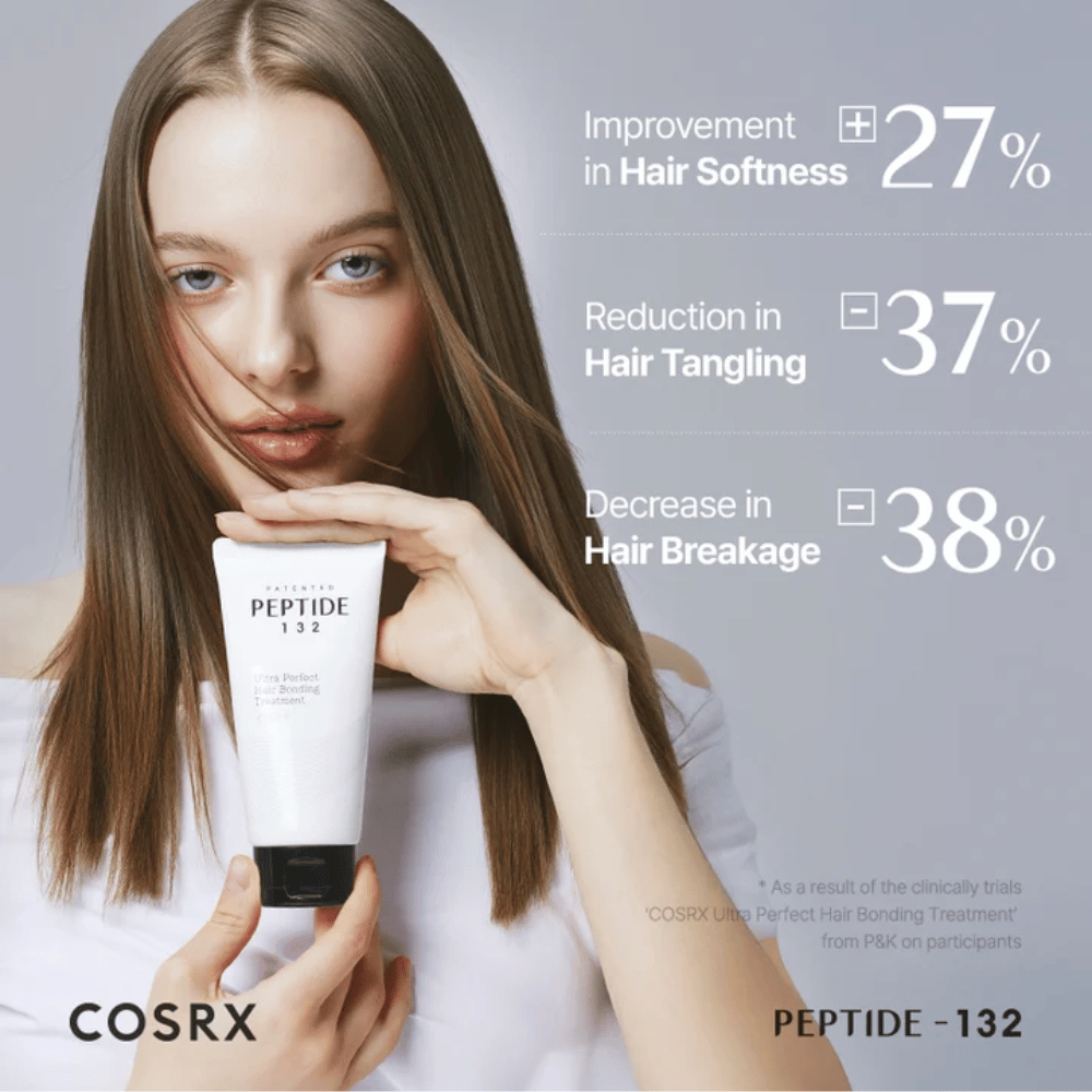 Kvinne holder COSRX Peptide 132 Treatment – viser kliniske resultater med redusert hårbrudd og økt mykhet.
