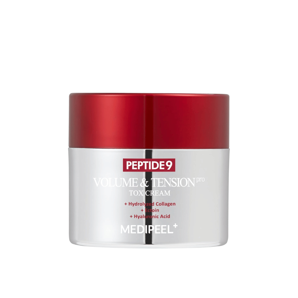 MEDI-PEEL Peptide 9 Volume & Tension Tox Cream i sølvboks med rødt lokk. En anti-aging-krem med peptider og kollagen som styrker hudens elastisitet.
