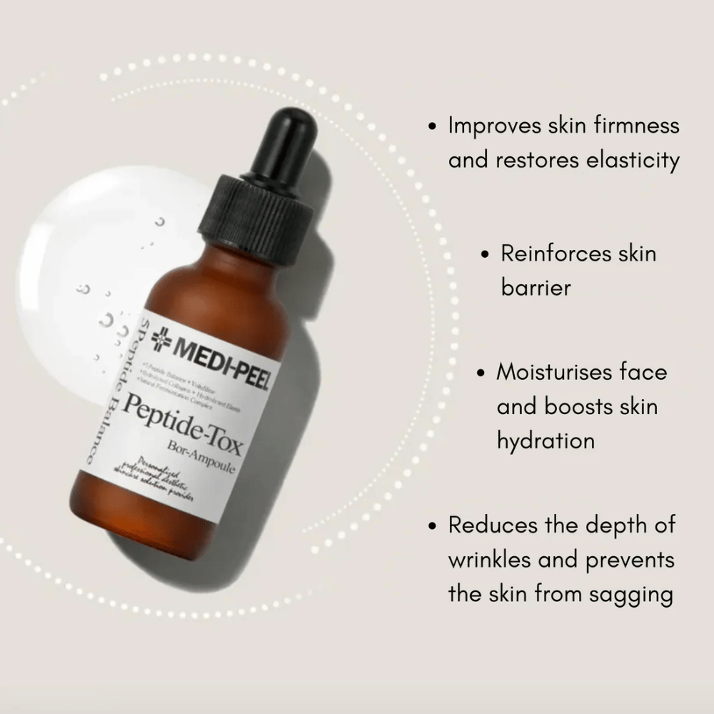 MEDI-PEEL Peptide-Tox Bor Ampoule – koreansk ansiktsserum med peptider som forbedrer hudens fasthet, styrker hudbarrieren, fukter i dybden og reduserer synlige rynker.
