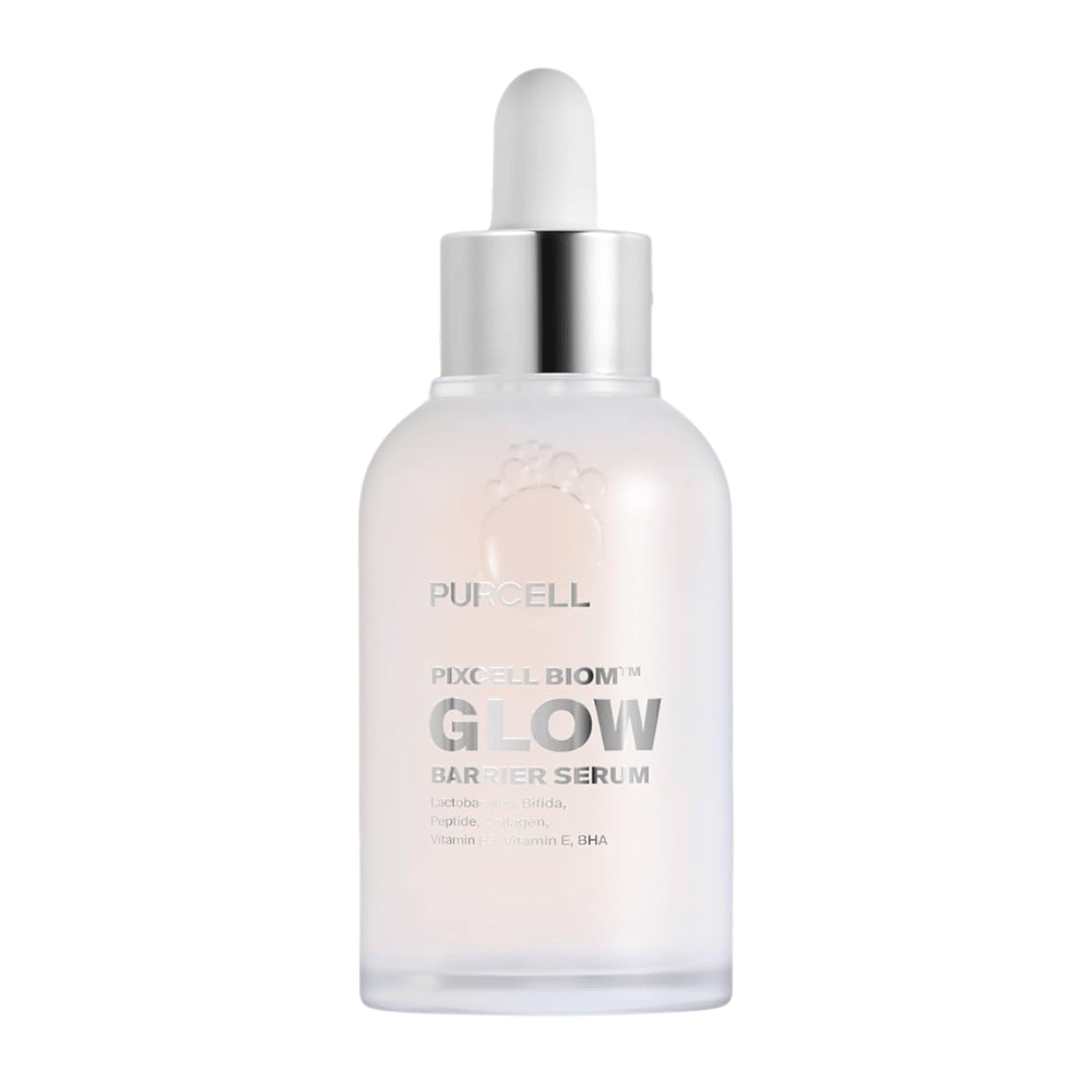 Produktbilde av PURCELL Pixcell Biom Glow Barrier Serum i frostet glassflaske med pipette – styrker hudbarrieren og gir naturlig glød.