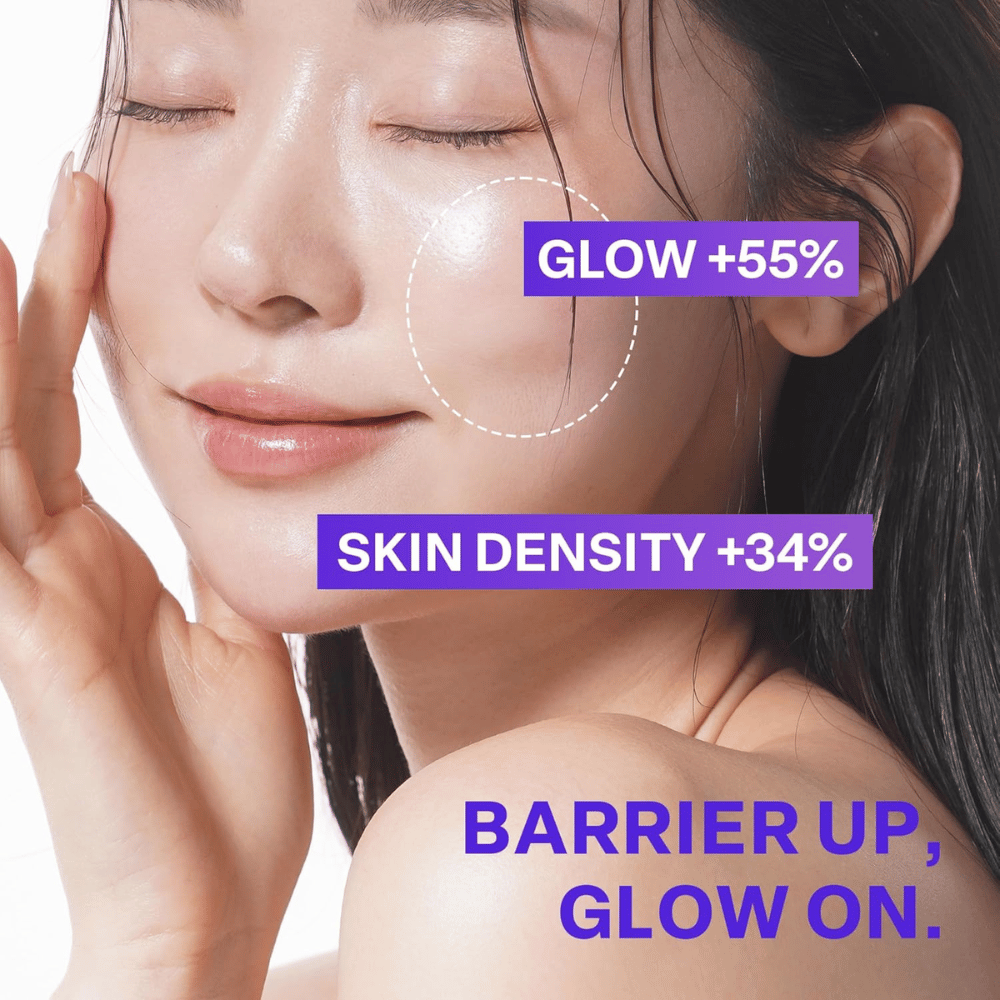 Nærbilde av kvinne med glødende hud etter bruk av PURCELL Pixcell Biom Glow Barrier Serum. Hudens glød øker med 55 % og densitet med 34 %.