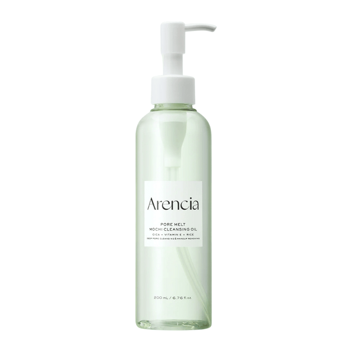 Arencia Pore Melt Mochi Cleansing Oil i helbilde mot hvit bakgrunn, koreansk oljerens med pumpeflaske som renser porer og fjerner sminke uten irritasjon.