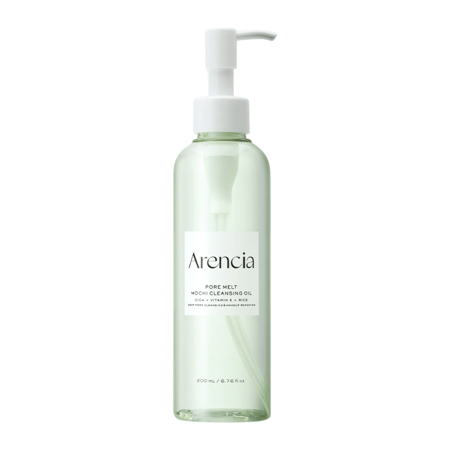 Arencia Pore Melt Mochi Cleansing Oil i helbilde mot hvit bakgrunn, koreansk oljerens med pumpeflaske som renser porer og fjerner sminke uten irritasjon.
