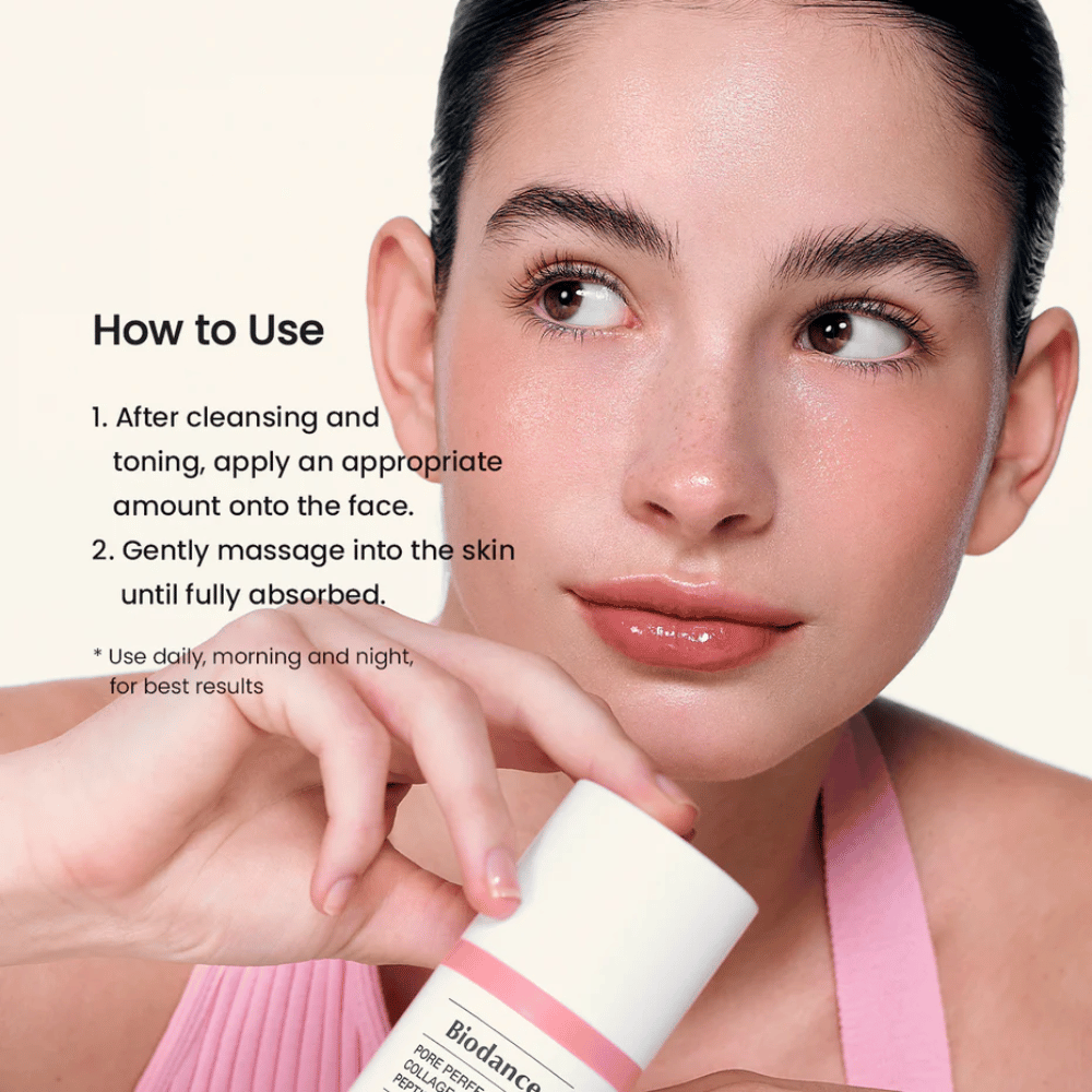Biodance Pore Perfecting Collagen Peptide Cream påføring etter rens – fuktighetsgivende og oppstrammende ansiktskrem med peptider og kollagen