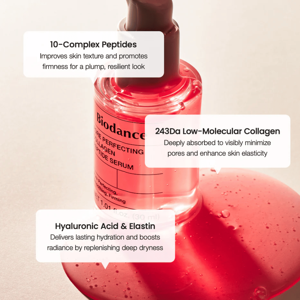 Biodance Pore Perfecting Collagen Peptide Serum med peptider, kollagen og hyaluronsyre for fastere hud.