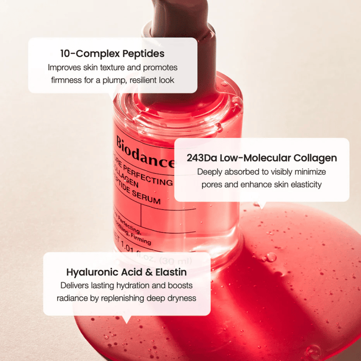 Biodance Pore Perfecting Collagen Peptide Serum med peptider, kollagen og hyaluronsyre for fastere hud.