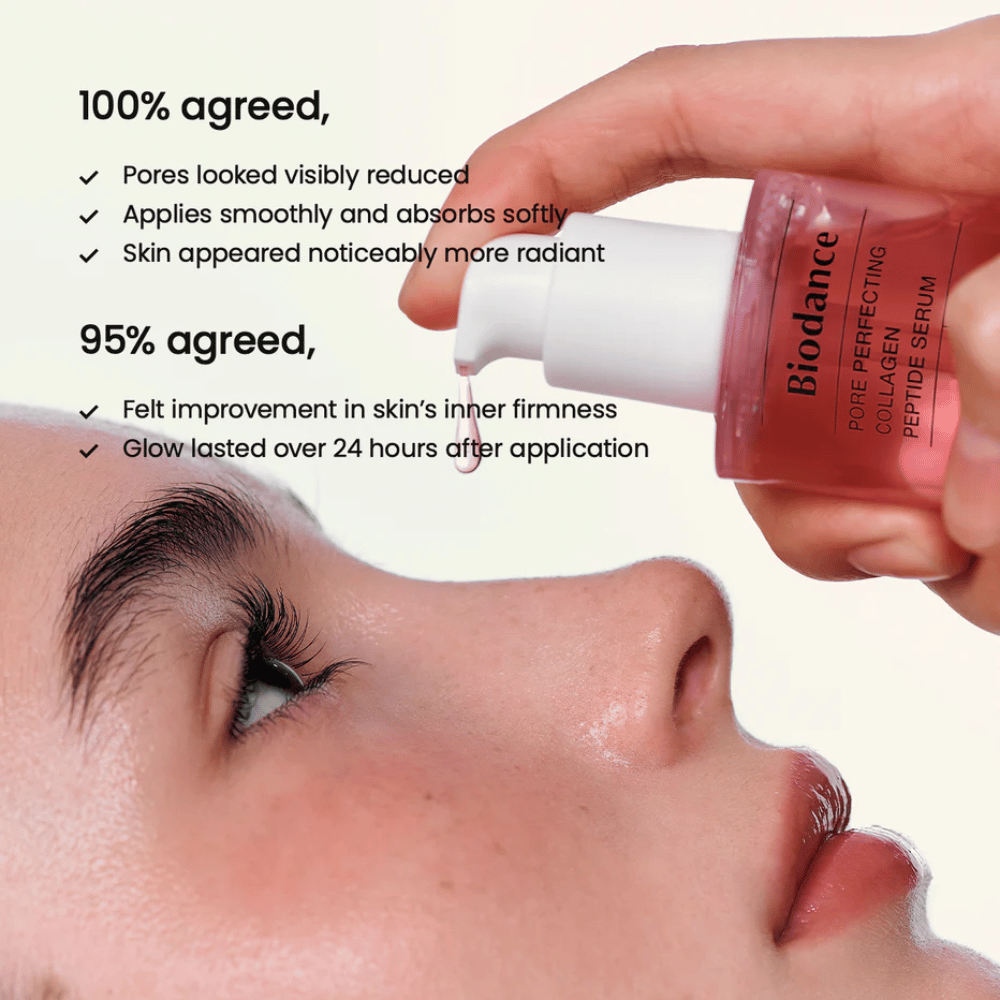 Biodance Collagen Peptide Serum påføres på ansiktet – oppstrammende serum for reduserte porer og økt glød.