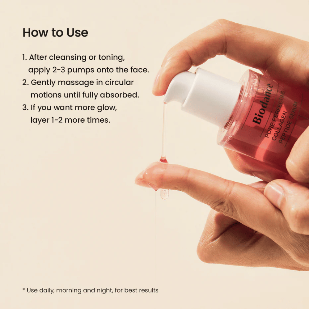 Biodance Pore Perfecting Collagen Peptide Serum påføres – porereduserende serum med kollagen og peptider.
