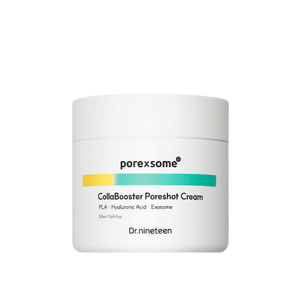Produktbilde av Porexsome CollaBooster Poreshot Cream i hvit boks med fargedetaljer i gult og turkis. En poreforfinende og fuktighetsgivende ansiktskrem.