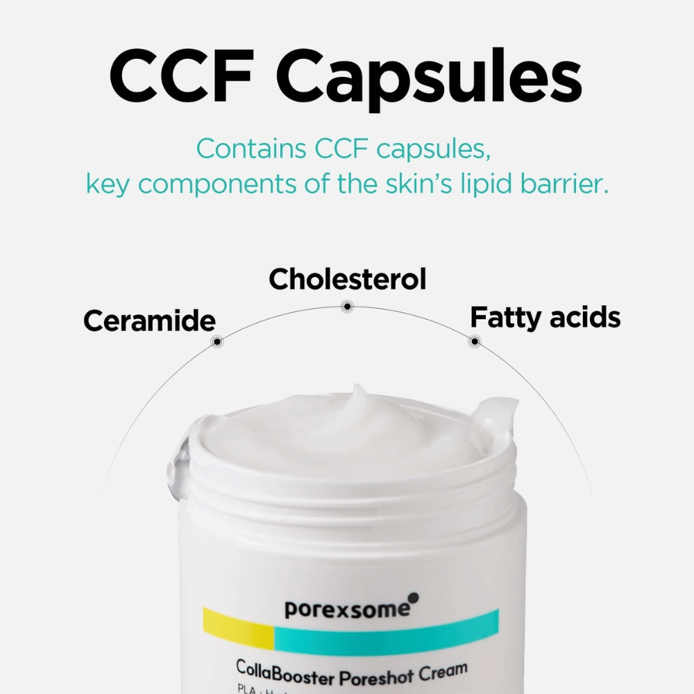 Åpen boks av Porexsome CollaBooster Poreshot Cream med tekst om CCF-kapsler: ceramider, kolesterol og fettsyrer som styrker hudbarrieren.