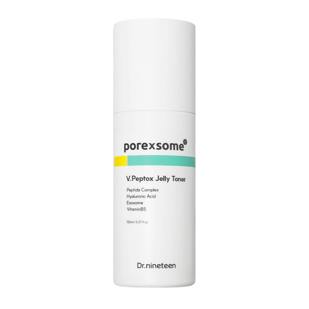 Produktbilde av Dr.nineteen Porexsome V.Peptox Jelly Toner i hvit flaske. En fuktighetsgivende toner med peptider, eksosomer og vitamin B5.