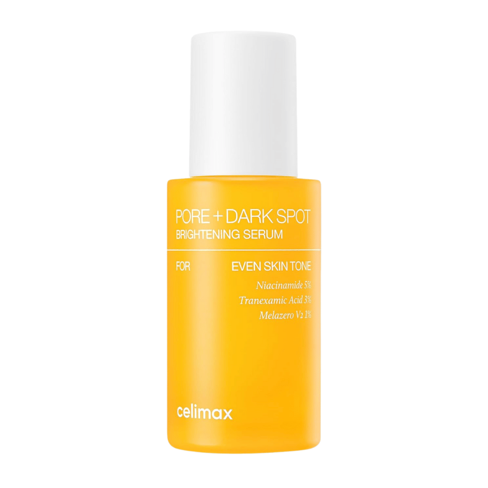 Celimax Pore + Dark Spot Brightening Serum i stående gul flaske med hvit kork, inneholder niacinamid, traneksamsyre og Melazero.