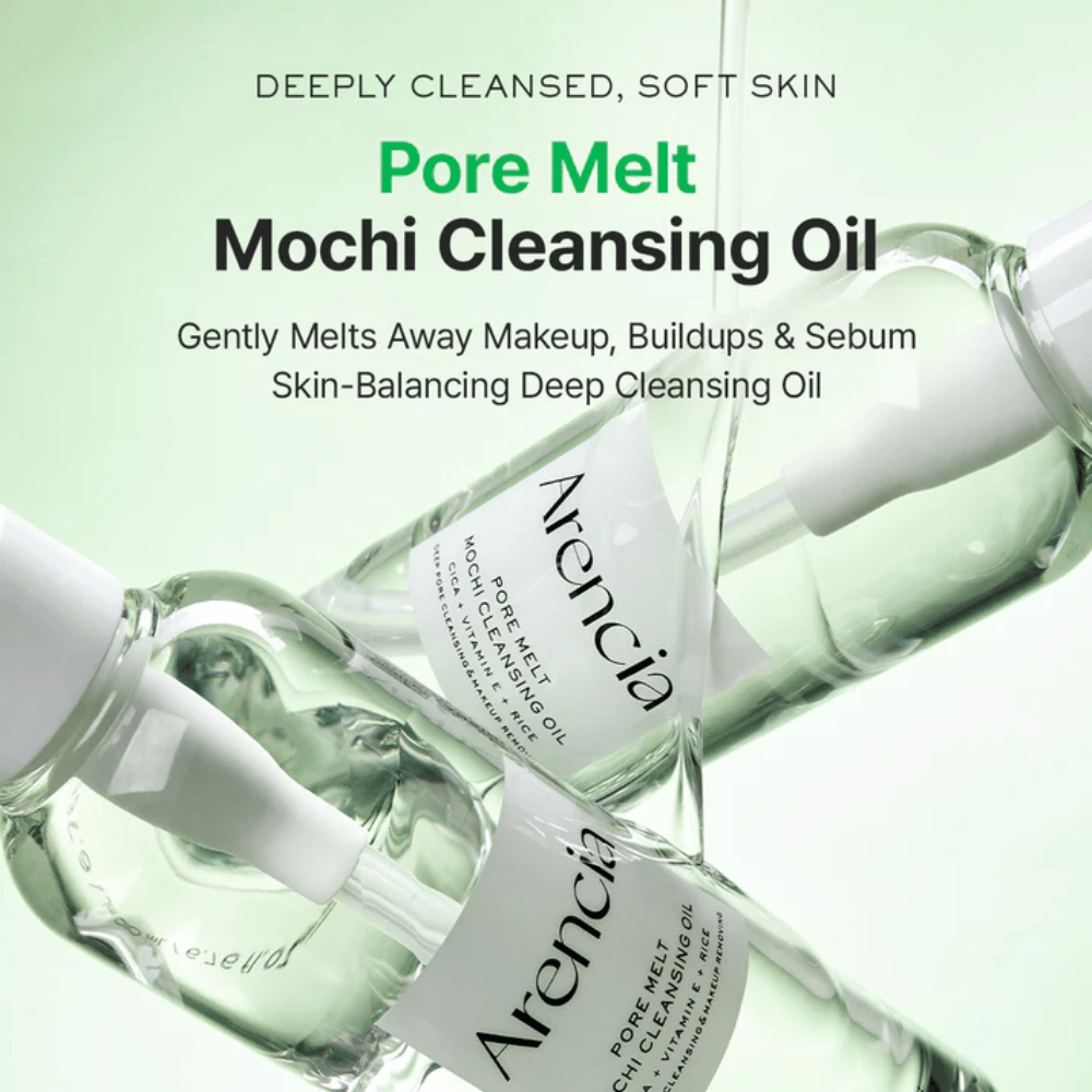 Produktbilde med fordeler for Arencia Pore Melt Mochi Cleansing Oil, smelter bort sminke og talg, støtter hudbarrieren og etterlater huden myk uten stramhet.