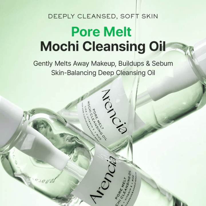 Produktbilde med fordeler for Arencia Pore Melt Mochi Cleansing Oil, smelter bort sminke og talg, støtter hudbarrieren og etterlater huden myk uten stramhet.