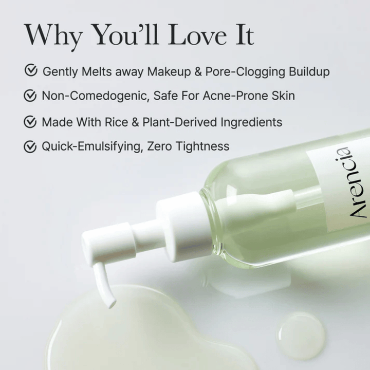 Informasjonsbilde om Arencia Pore Melt Mochi Cleansing Oil som 100 % porvennlig og ikke-komedogen, utviklet for sensitiv og akneutsatt hud.