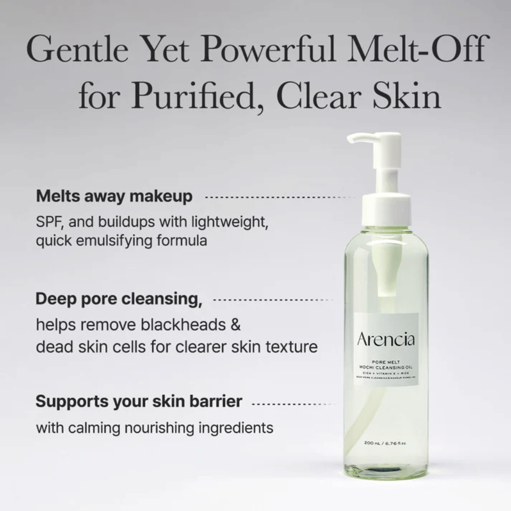 Arencia Pore Melt Mochi Cleansing Oil i helbilde med tekst om dyprens, løser opp sminke, SPF og urenheter samtidig som hudens fuktbalanse bevares.