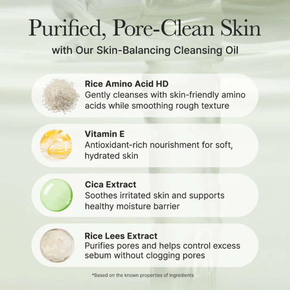Ingrediensoversikt for Arencia Pore Melt Mochi Cleansing Oil med risaminosyre, vitamin E, cica-ekstrakt og risleesekstrakt for skånsom rens og styrket hudbarriere.