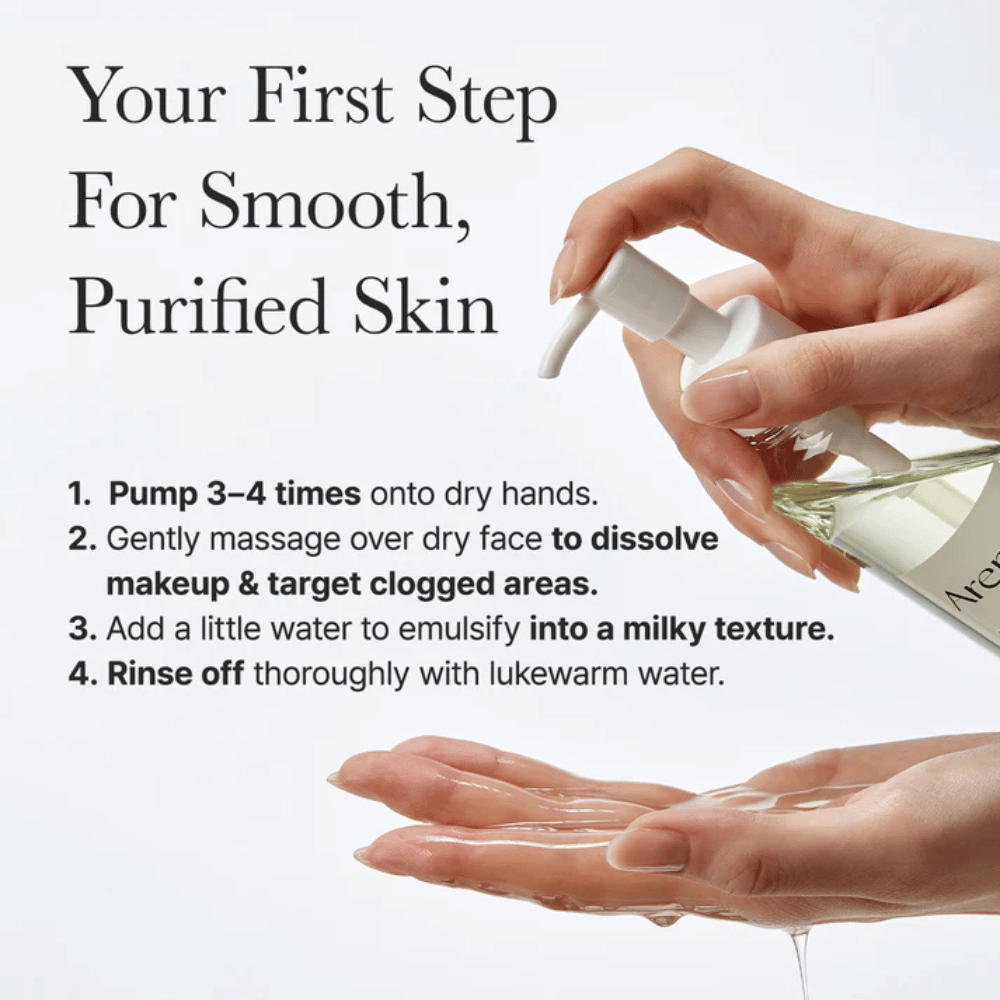 Instruksjonsbilde som viser hvordan Arencia Pore Melt Mochi Cleansing Oil brukes som første steg i rensrutinen for glattere, renere og mer balansert hud.