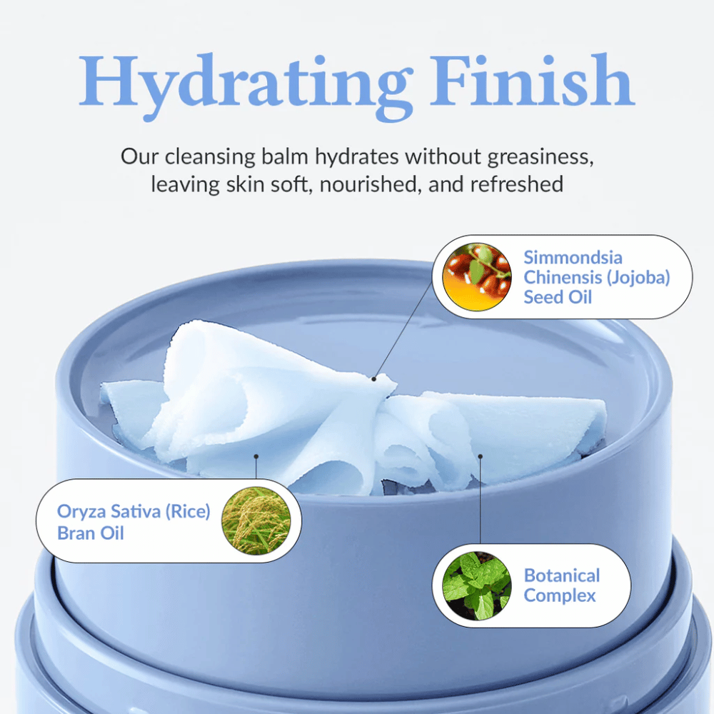 Dr.Althea Pore Refresh Grinding Cleansing Balm med teksten "Hydrating Finish" over. Produktet inneholder Simmondsia Chinensis (Jojoba) Seed Oil, Oryza Sativa (Rice) Bran Oil, og et botanisk kompleks. Kremen gir en fuktighetsgivende effekt uten å føles fet, noe som etterlater huden myk, næret og frisk.