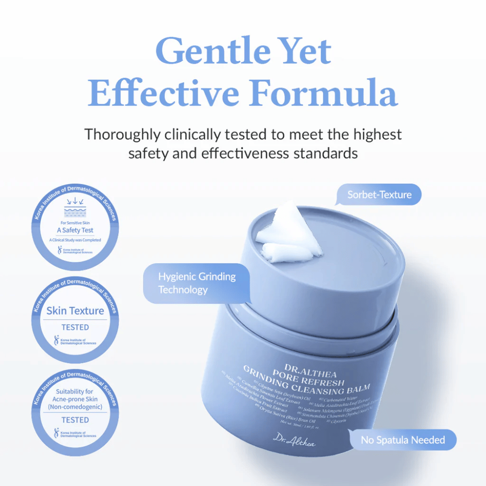 Dr.Althea Pore Refresh Grinding Cleansing Balm med teksten "Gentle Yet Effective Formula" over. Boksen har en sorbet-tekstur med hygienisk kvernteknologi og krever ingen spatula for bruk. Klinisk testet for sensitiv hud og akneutsatt hud (ikke-komedogen).