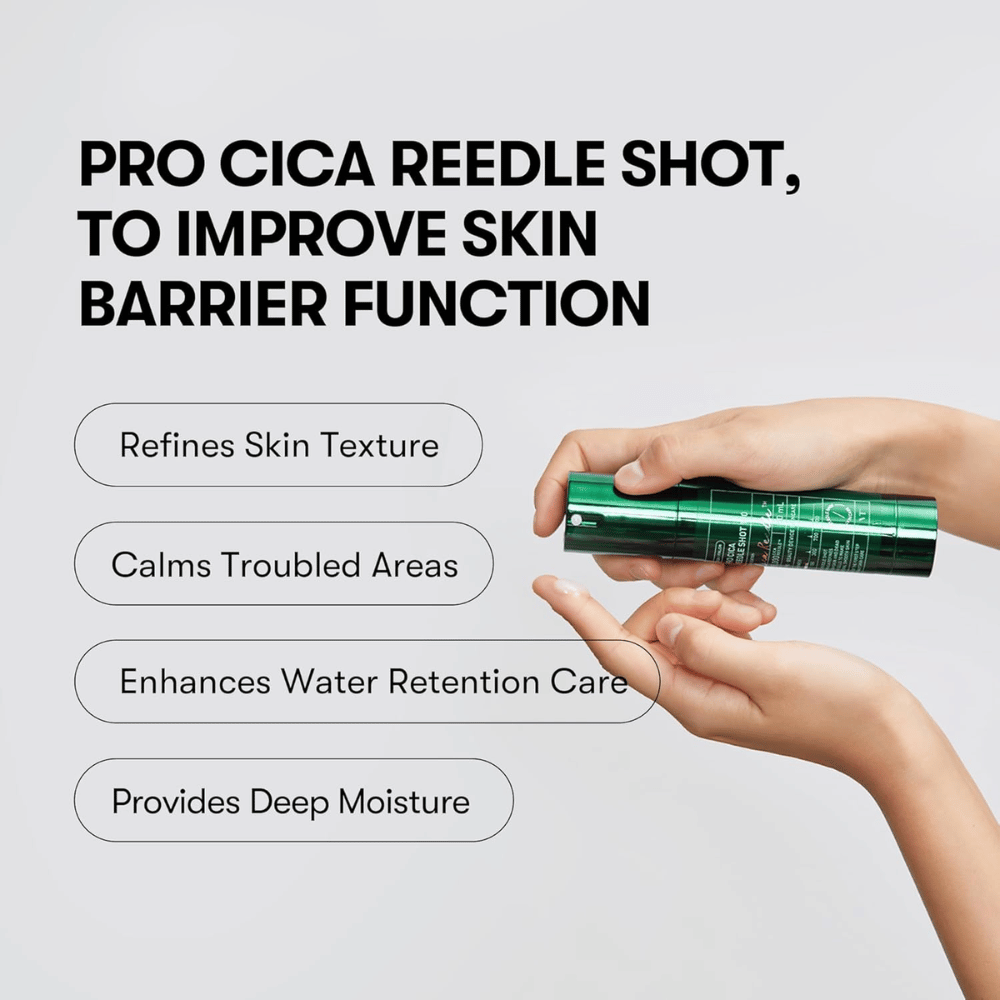 VT Cosmetics Pro Cica Reedle Shot 100 påføres huden for å forbedre hudbarrieren, berolige sensitiv hud og gi dyp fuktighet